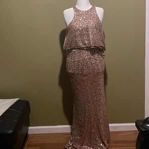 2 piece Belle Badgley Mischka champagne/rose gold sequin halter and sequin skirt